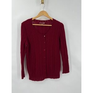RXB 100% Cashmere Cable Knit Cardigan Sweater Burgundy Scoop Neck Womens S